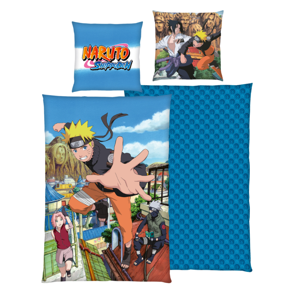 Bedding Set „Naruto“. Kids bedding, 135x200 cm. Blue bedding set with naruto characters and a colourful village scene. Bedding Set „Naruto“. Kids bedding, 135x200 cm. Blue bedding set with naruto characters and a colourful village scene.
