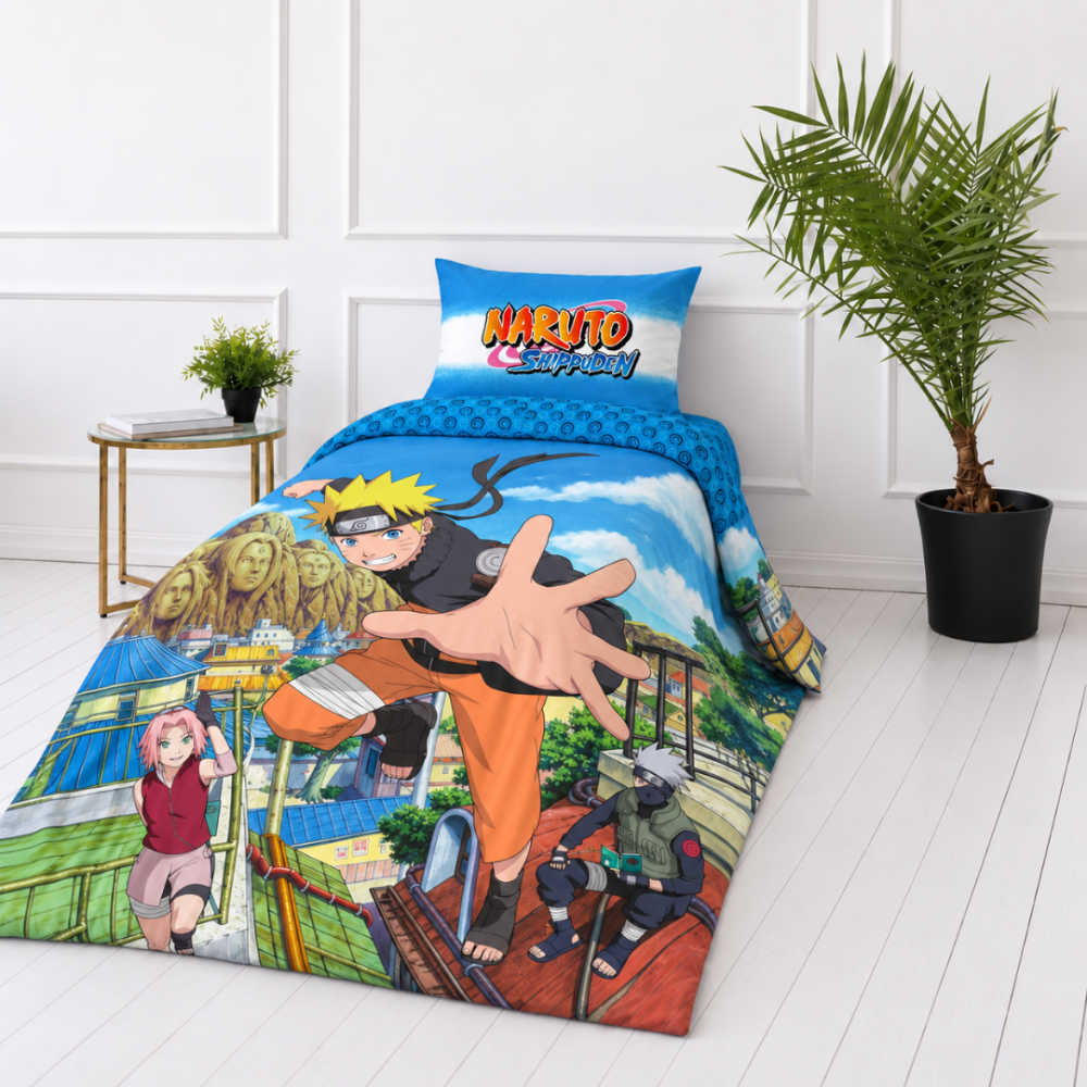 Bedding Set „Naruto“. Kids bedding, 135x200 cm. Blue pillowcase with a white band and colourful naruto shippuden lettering. Bedding Set „Naruto“. Kids bedding, 135x200 cm. Blue pillowcase with a white band and colourful naruto shippuden lettering.
