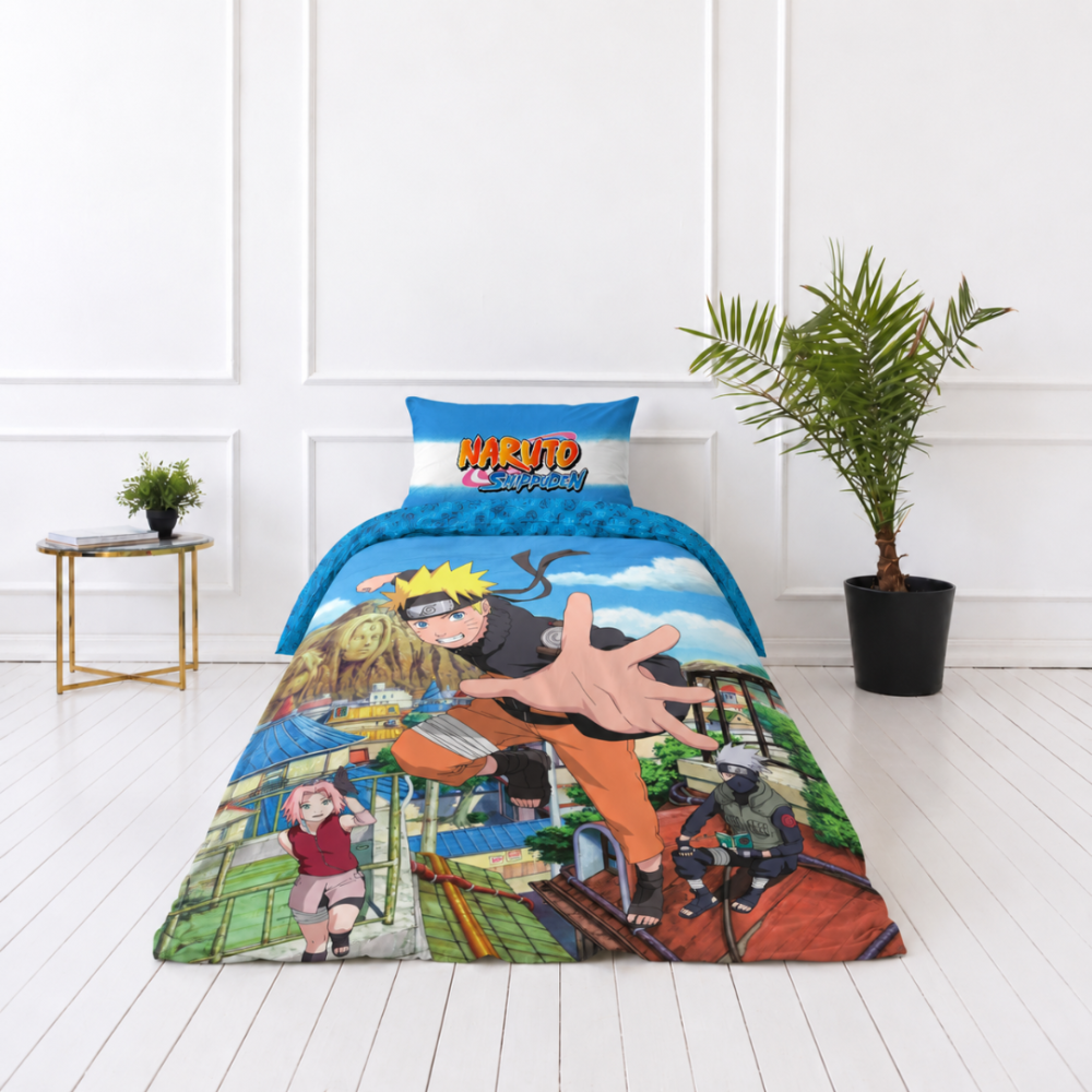Bedding Set „Naruto“. Kids bedding, 135x200 cm. Blue side of the bedding with a repeating dark spiral pattern. Bedding Set „Naruto“. Kids bedding, 135x200 cm. Blue side of the bedding with a repeating dark spiral pattern.