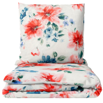 Bedding Set „Miraflores“. Patterned bedding sets, 140x200 cm, 160x200 cm, 200x200 cm, 200x220 cm. White background with vibrant coral red and blue watercolor flowers and green leaf motifs.
