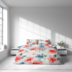 Bedding Set „Miraflores“. Patterned bedding sets, 140x200 cm, 160x200 cm, 200x200 cm, 200x220 cm. The bedding is decorated with coral and blue watercolor flowers, surrounded by green leaf ornaments.