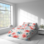 Bedding Set „Miraflores“. Patterned bedding sets, 140x200 cm, 160x200 cm, 200x200 cm, 200x220 cm. Large coral red watercolor flowers stand out against the white background, combined with small blue buds and green branches.