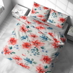 Bedding Set „Miraflores“. Patterned bedding sets, 140x200 cm, 160x200 cm, 200x200 cm, 200x220 cm. Light bedding with a rich watercolor floral design – coral blossoms and delicate blue and green details on a white background.