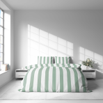 Bedding Set „Modern Line“. Green bedding set, 140x200 cm, 200x200 cm, 200x220 cm. Chic white bedding with a stylish green and white stripes pattern, ideal for creating a fresh and inviting atmosphere in any room.