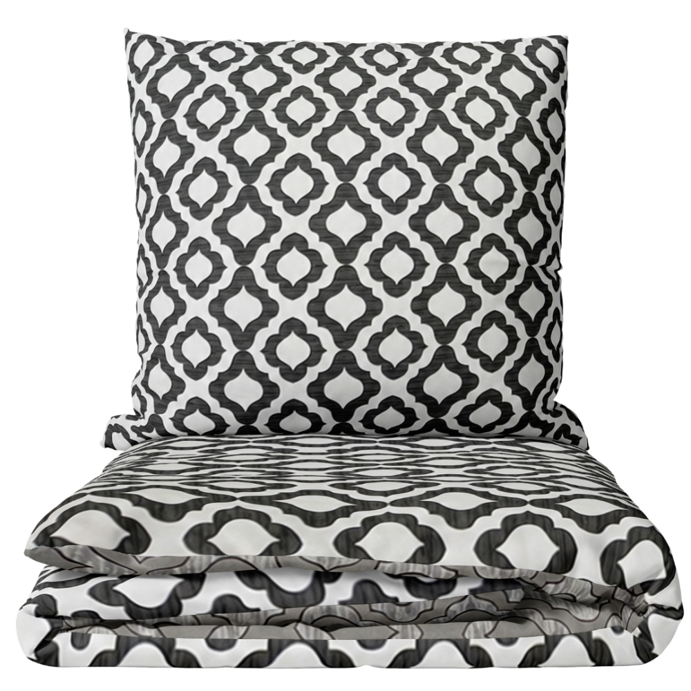 Bedding Set „Moroccan Veil“. Patterned bedding sets, 140x200 cm, 200x200 cm, 200x220 cm. White bedding with a grey geometric ornament pattern Bedding Set „Moroccan Veil“. Patterned bedding sets, 140x200 cm, 200x200 cm, 200x220 cm. White bedding with a grey geometric ornament pattern