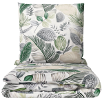 Bedding Set „Natural Emporium“. Green bedding set, 140x200 cm, 200x200 cm, 200x220 cm. Bedding set with a greenish, bluish, and beige botanical pattern on a white background.