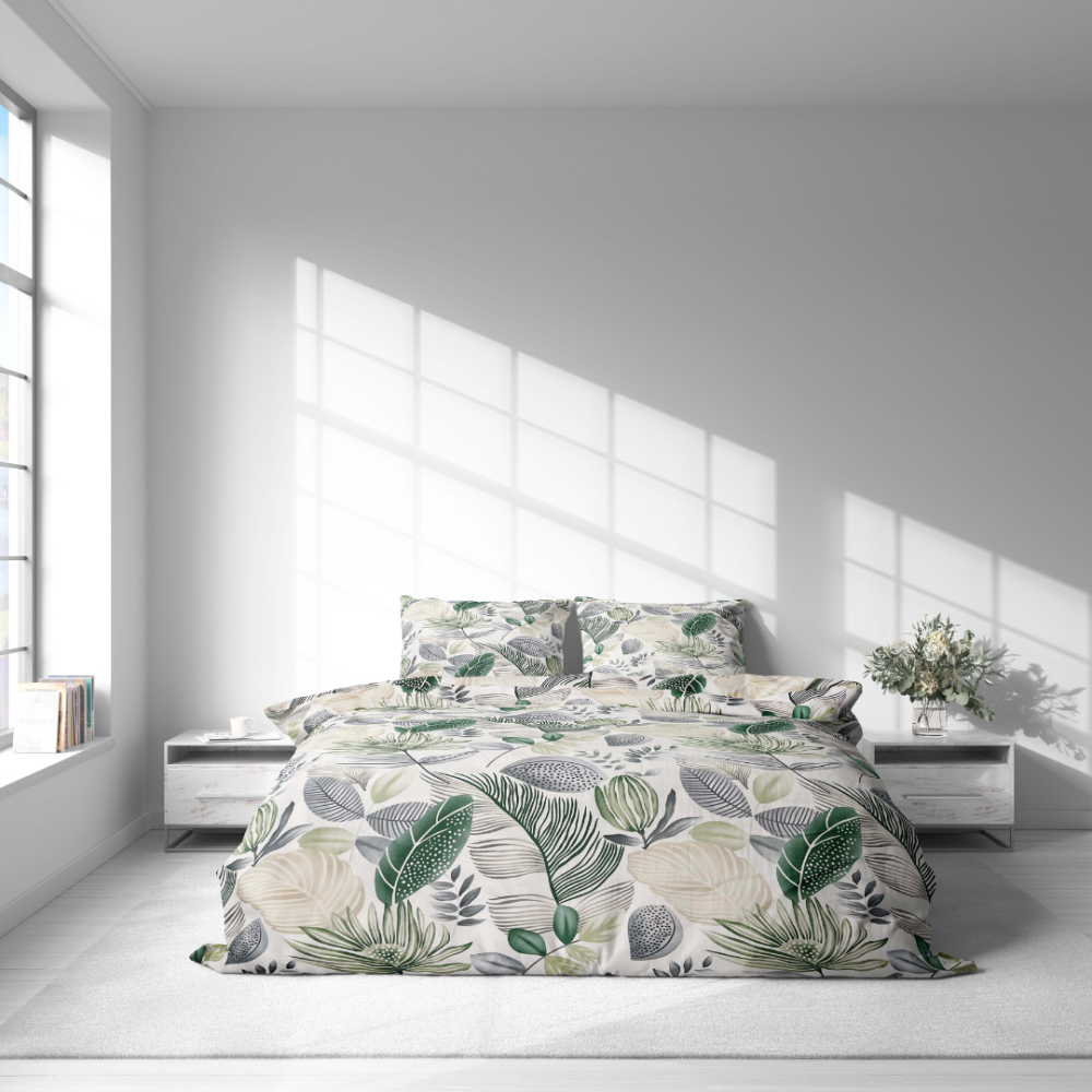 Bedding Set „Natural Emporium“. Green bedding set, 140x200 cm, 200x200 cm, 200x220 cm. Bedding with soft botanical patterns in light green and brown shades.