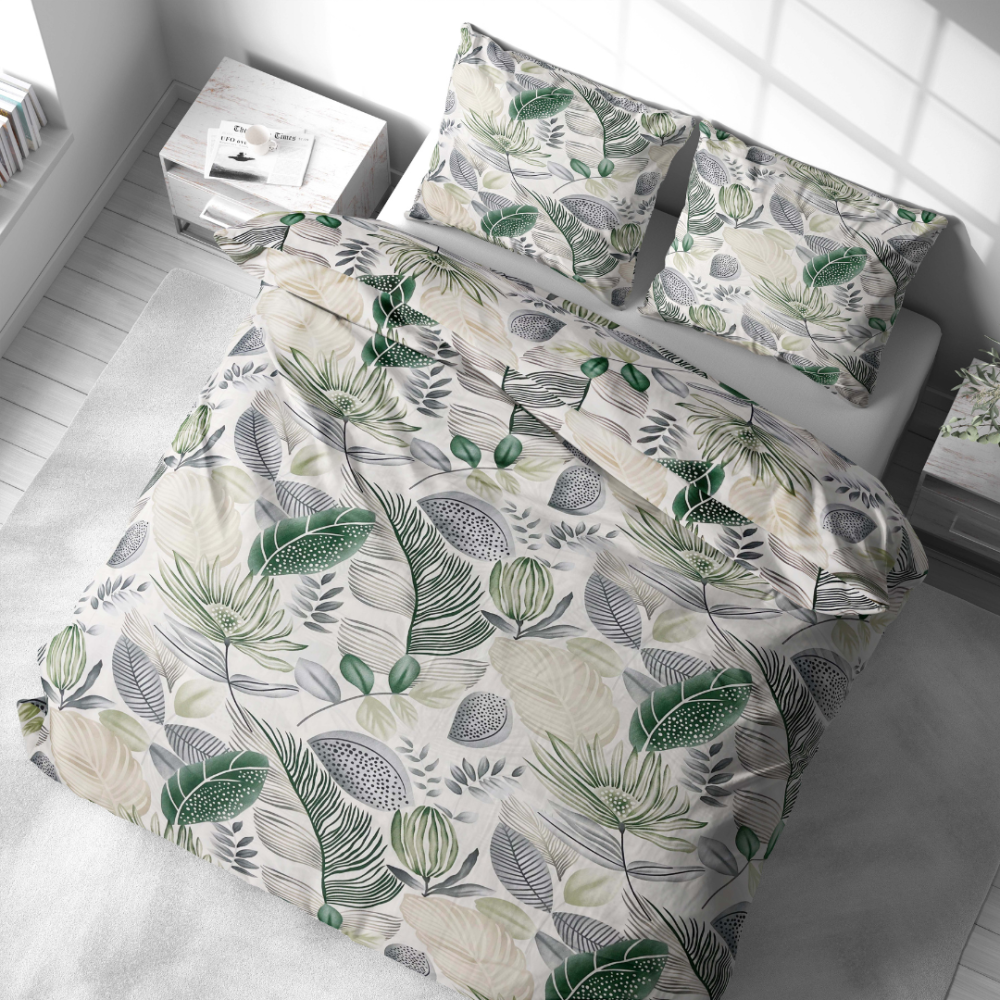 Bedding Set „Natural Emporium“. Green bedding set, 140x200 cm, 200x200 cm, 200x220 cm. Calm bedding with botanical motifs – an ideal choice for nature lovers.