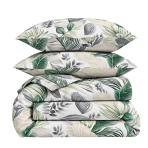 Bedding Set „Natural Emporium“. Green bedding set, 140x200 cm, 200x200 cm, 200x220 cm. Bedding set with a greenish, bluish, and beige botanical pattern on a white background. Bedding Set „Natural Emporium“. Green bedding set, 140x200 cm, 200x200 cm, 200x220 cm. Bedding set with a greenish, bluish, and beige botanical pattern on a white background.