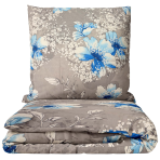 Bedding Set „Nordic Bloom“. Bedding sets 155x200, 140x200 cm, 150x200 cm, 160x200 cm, 180x200 cm, 200x200 cm, 200x220 cm, 220x240 cm. Grey bedding set with blue floral pattern.
