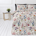 Bedding Set „Ophelia“. Bedding sets 155x200, 140x200 cm, 150x200 cm, 160x200 cm, 180x200 cm, 200x200 cm, 200x220 cm, 220x240 cm. Bedding with multicoloured blooms, green leaves and slender stems on a white background. Bedding Set „Ophelia“. Bedding sets 155x200, 140x200 cm, 150x200 cm, 160x200 cm, 180x200 cm, 200x200 cm, 200x220 cm, 220x240 cm. Bedding with multicoloured blooms, green leaves and slender stems on a white background.