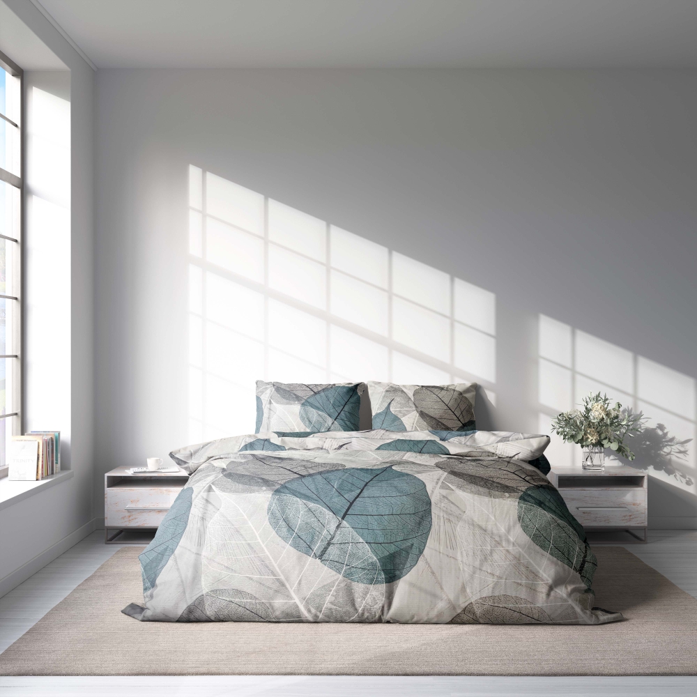 Bedding Set „Overgrowth“. White bedding sets, 200x200 cm, 200x220 cm. Light-colored bedding set featuring big leaves in modern design.