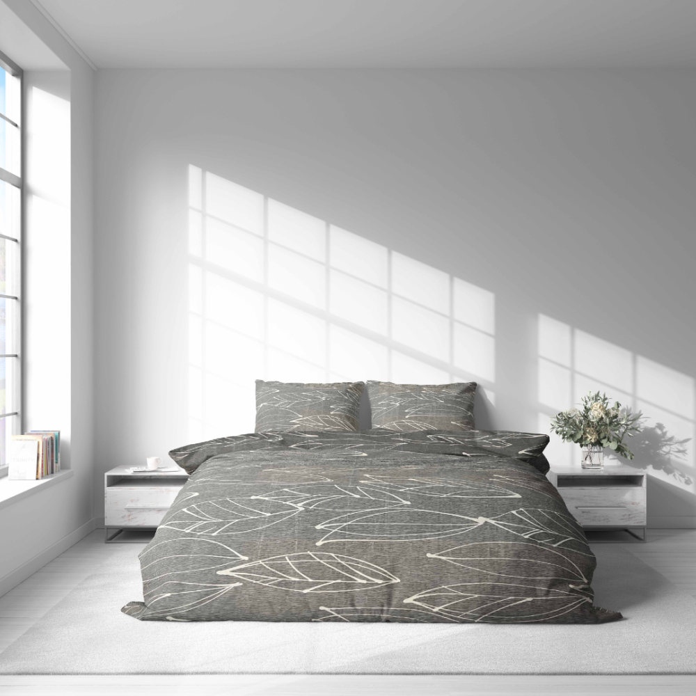 Bedding Set „Painted Breeze“. Bedding sets 135x200, 140x200 cm, 200x200 cm, 200x220 cm. Stylish grey bedding set showcasing artistic leaf designs, perfect for those seeking a serene and creative bedroom aesthetic.