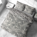 Bedding Set „Palm Drift“. Bedding sets 135x200, 140x200 cm, 200x200 cm, 200x220 cm, 220x240 cm. Light-colored bedding set featuring playful palm leaf designs, adding a breezy, vacation-like feel to your sleep space.