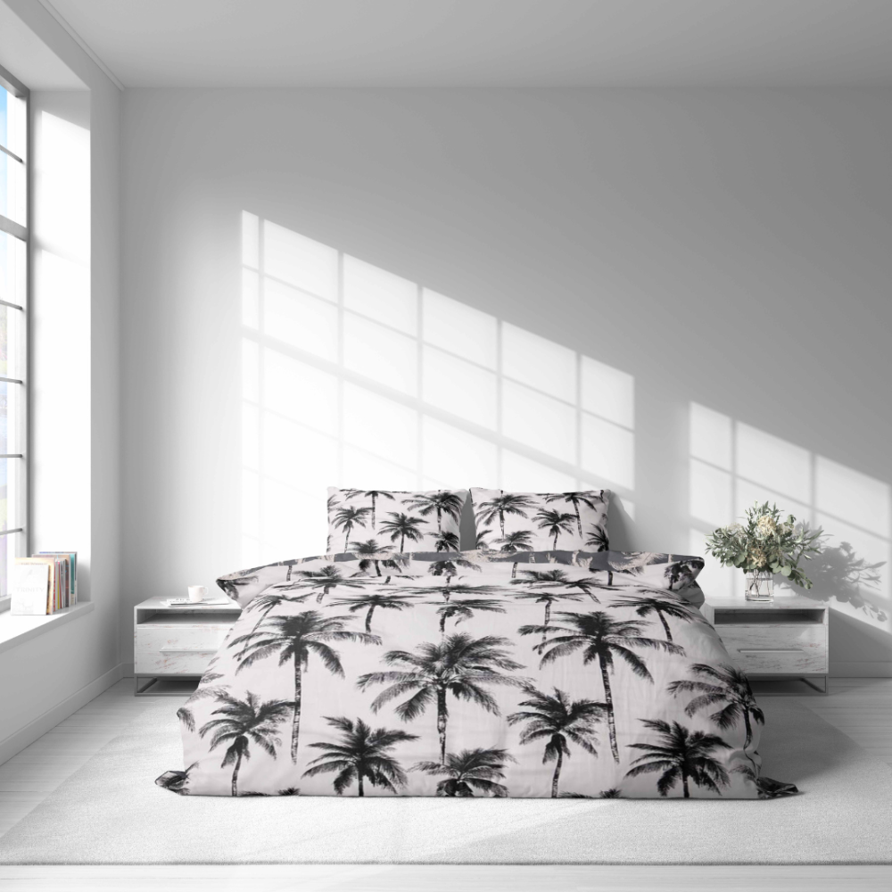 Bedding Set „Palmora“. Bedding sets 155x200, 140x200 cm, 150x200 cm, 160x200 cm, 180x200 cm, 200x200 cm, 200x220 cm. Soft light grey bedding set decorated with contrasting palms.