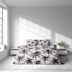 Bedding Set „Palmora“. Bedding sets 155x200, 140x200 cm, 150x200 cm, 160x200 cm, 180x200 cm, 200x200 cm, 200x220 cm. Soft light grey bedding set decorated with contrasting palms.