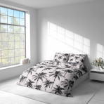 Bedding Set „Palmora“. Bedding sets 155x200, 140x200 cm, 150x200 cm, 160x200 cm, 180x200 cm, 200x200 cm, 200x220 cm. Tropical-style grey bedding design with bold palm motifs.