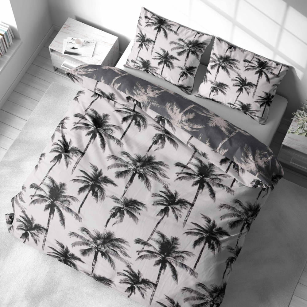 Bedding Set „Palmora“. Bedding sets 155x200, 140x200 cm, 150x200 cm, 160x200 cm, 180x200 cm, 200x200 cm, 200x220 cm. Modern light grey bedding pattern with black palm silhouettes.
