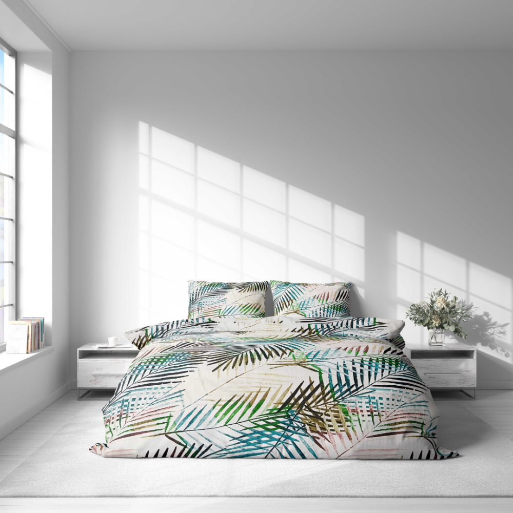 Bedding Set „Pastel Serenade“. Gray bedding sets, 140x200 cm, 200x200 cm, 200x220 cm, 220x240 cm. Bright white bedding set featuring subtle, thin colorful leaves, perfect for adding a playful yet elegant accent to your space.