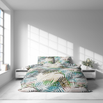 Bedding Set „Pastel Serenade“. Gray bedding sets, 140x200 cm, 200x200 cm, 200x220 cm, 220x240 cm. Bright white bedding set featuring subtle, thin colorful leaves, perfect for adding a playful yet elegant accent to your space.