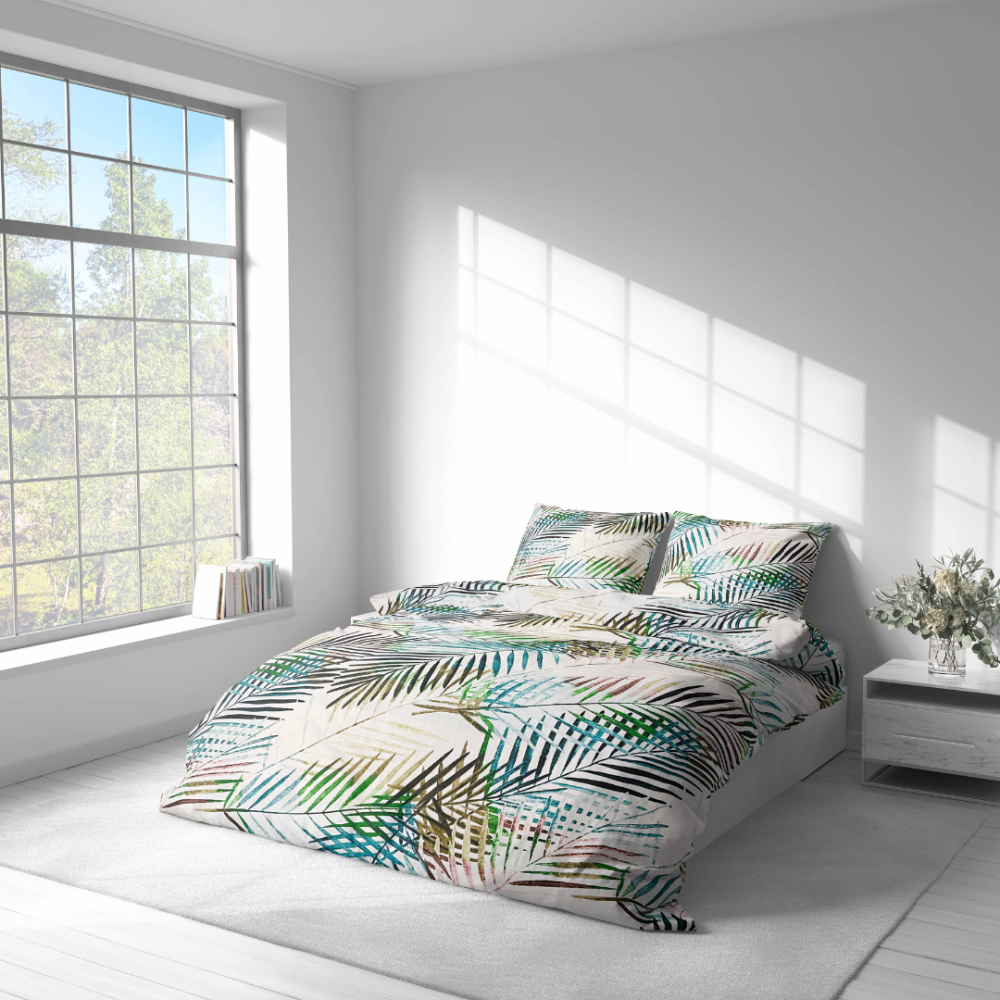 Bedding Set „Pastel Serenade“. Gray bedding sets, 140x200 cm, 200x200 cm, 200x220 cm, 220x240 cm. Elegant white bedding set with intricate thin leaves in vibrant colors, creating a light and airy atmosphere in your room.