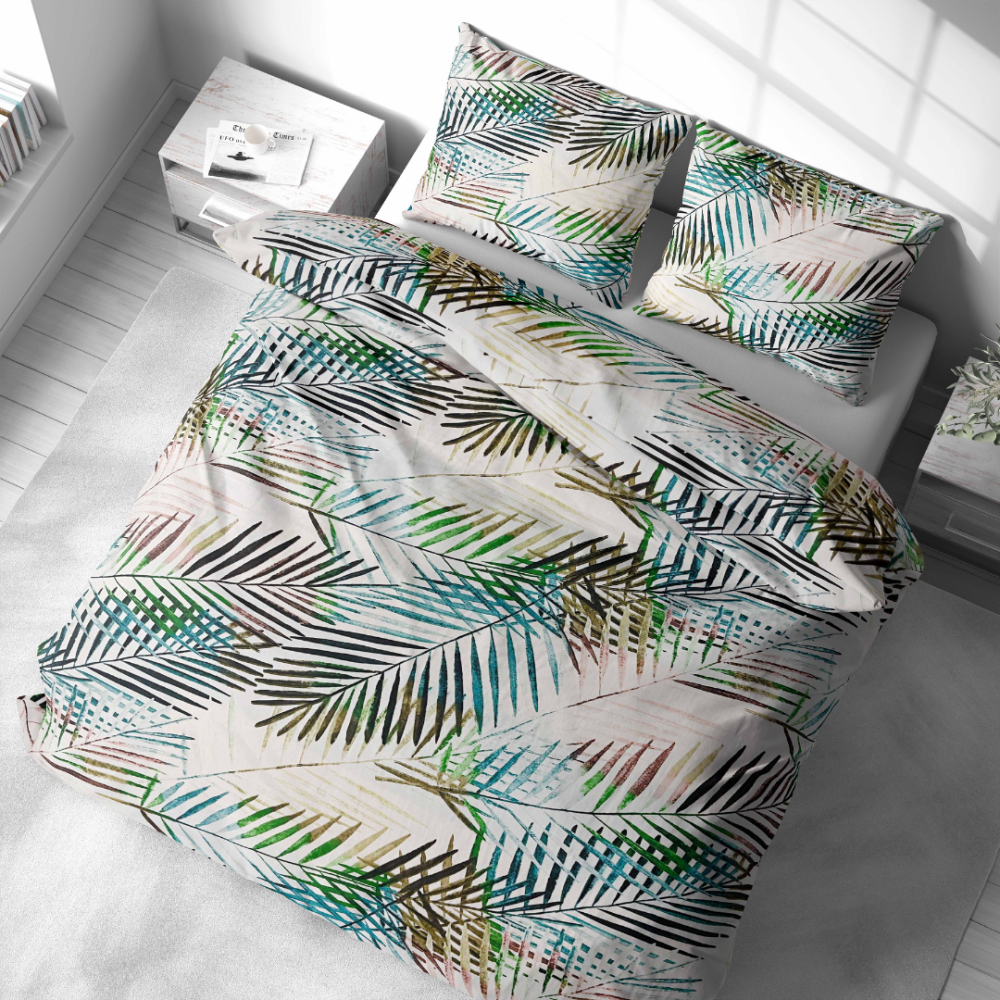 Bedding Set „Pastel Serenade“. Gray bedding sets, 140x200 cm, 200x200 cm, 200x220 cm, 220x240 cm. Crisp white bedding set embellished with charming thin colorful leaves, bringing a pop of color and a touch of nature indoors.
