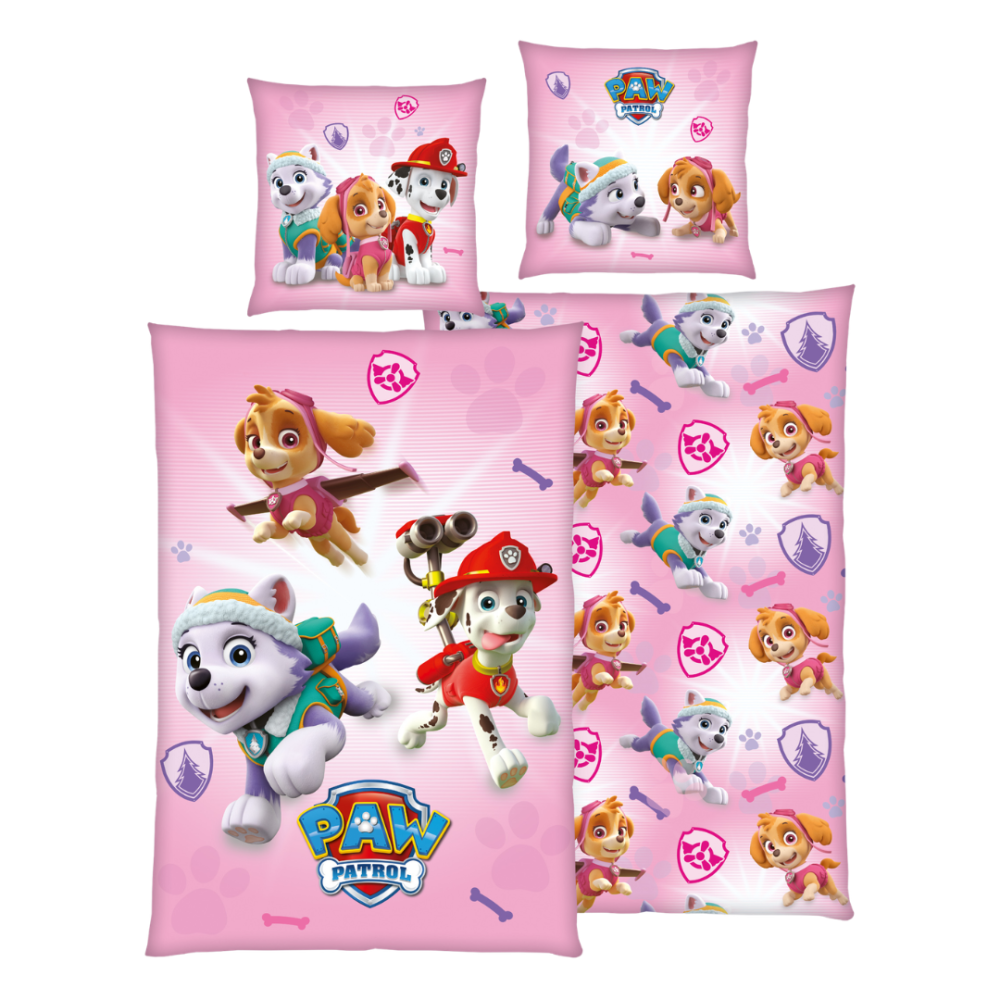 Bedding Set „Paw Patrol Pink“. Kids bedding, 135x200 cm. Pink bedding set with “paw patrol” puppies and colourful badges. Bedding Set „Paw Patrol Pink“. Kids bedding, 135x200 cm. Pink bedding set with “paw patrol” puppies and colourful badges.