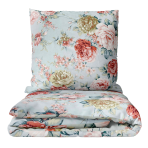 Bedding Set „Peony“. Bedding sets with plants, 140x200 cm, 200x200 cm, 200x220 cm. Bluish bedding set with vibrant peonies in shades of pink and sandy hues.