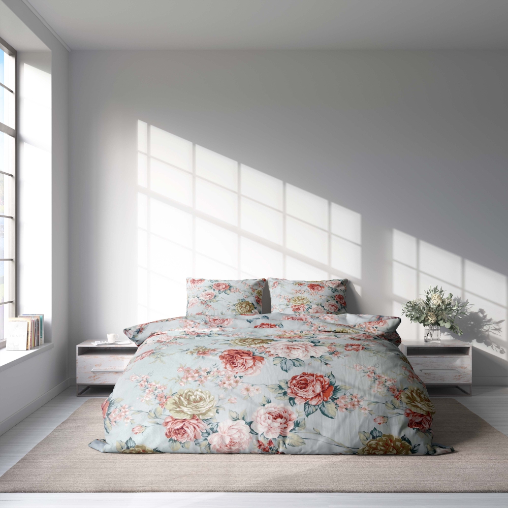 Bedding Set „Peony“. Bedding sets with plants, 140x200 cm, 200x200 cm, 200x220 cm. Soothing bluish bedding adorned with peonies in pink and sandy shades.