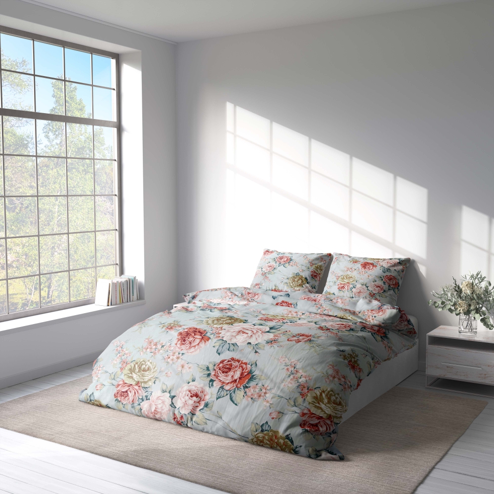 Bedding Set „Peony“. Bedding sets with plants, 140x200 cm, 200x200 cm, 200x220 cm. Elegant peony bedding on bluish background with pink and sandy tones.