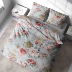 Bedding Set „Peony“. Bedding sets with plants, 140x200 cm, 200x200 cm, 200x220 cm. Tranquil bedding set featuring large peonies in pink and sandy hues.