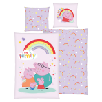 Bedding Set „Peppa Pig“. Kids bedding, 135x200 cm. Light purple bedding set with the peppa pig family and a rainbow.