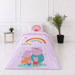 Bedding Set „Peppa Pig“. Kids bedding, 135x200 cm. Pastel design with peppa pig characters, colourful hearts and stars.