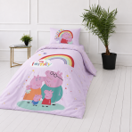 Bedding Set „Peppa Pig“. Kids bedding, 135x200 cm. Purple bedding set with rainbows, hearts and a colourful “family” pattern.