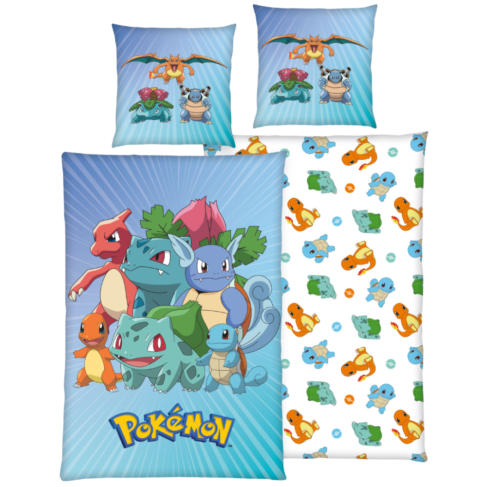 Bedding Set „Pokemon“. Kids bedding, 135x200 cm. Light blue pokémon bedding set with colourful bulbasaur, charmander and squirtle characters. Bedding Set „Pokemon“. Kids bedding, 135x200 cm. Light blue pokémon bedding set with colourful bulbasaur, charmander and squirtle characters.
