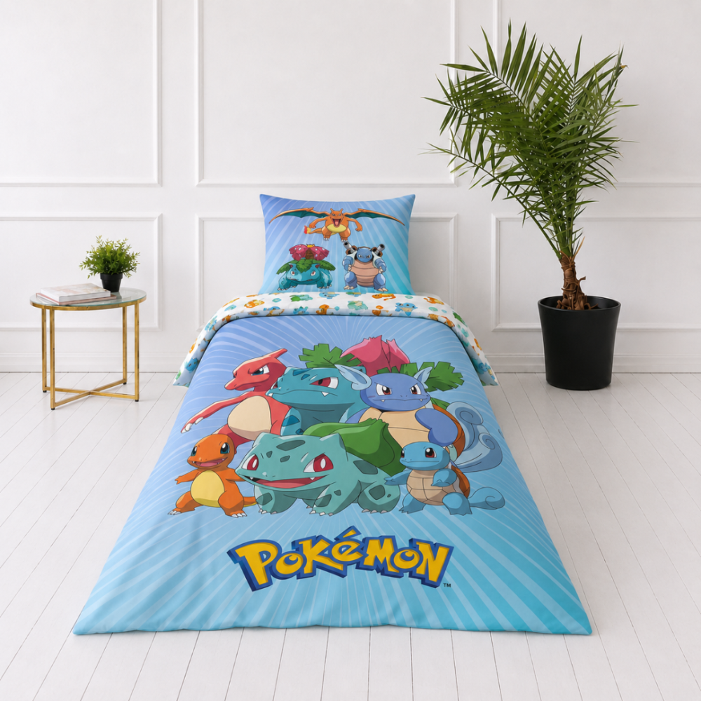 Bedding Set „Pokemon“. Kids bedding, 135x200 cm. Blue-toned bedding set featuring large colourful illustrations of various pokémon characters. Bedding Set „Pokemon“. Kids bedding, 135x200 cm. Blue-toned bedding set featuring large colourful illustrations of various pokémon characters.