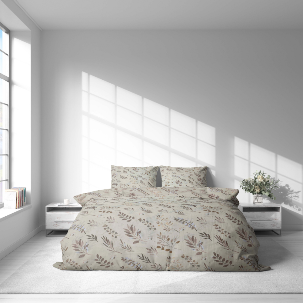 Bedding Set „Prairie Flora“. Beige bedding sets, 140x200 cm, 150x200 cm, 160x200 cm, 180x200 cm, 200x200 cm, 200x220 cm, 220x240 cm. Soft brown-toned bedding set with botanical ornaments