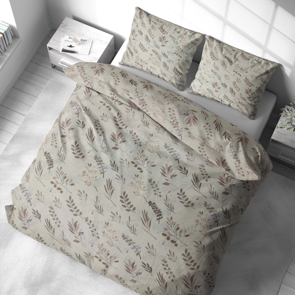 Bedding Set „Prairie Flora“. Beige bedding sets, 140x200 cm, 150x200 cm, 160x200 cm, 180x200 cm, 200x200 cm, 200x220 cm, 220x240 cm. Pastel-colored bedding set with a light nature-inspired pattern