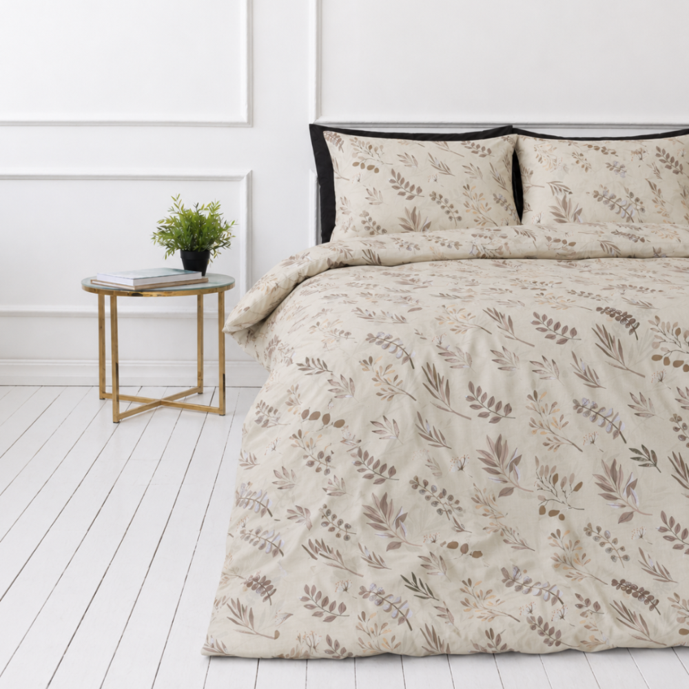 Bedding Set „Prairie Flora“. Beige bedding sets, 140x200 cm, 150x200 cm, 160x200 cm, 180x200 cm, 200x200 cm, 200x220 cm, 220x240 cm. Natural-toned bedding set with subtle leaf motifs