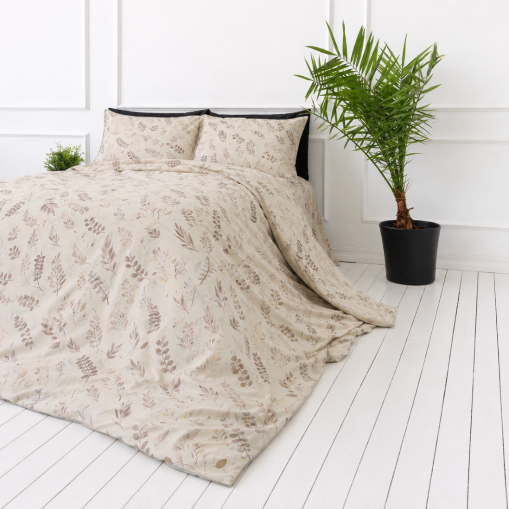 Bedding Set „Prairie Flora“. Beige bedding sets, 140x200 cm, 150x200 cm, 160x200 cm, 180x200 cm, 200x200 cm, 200x220 cm, 220x240 cm. Soft brown-toned bedding set with botanical ornaments