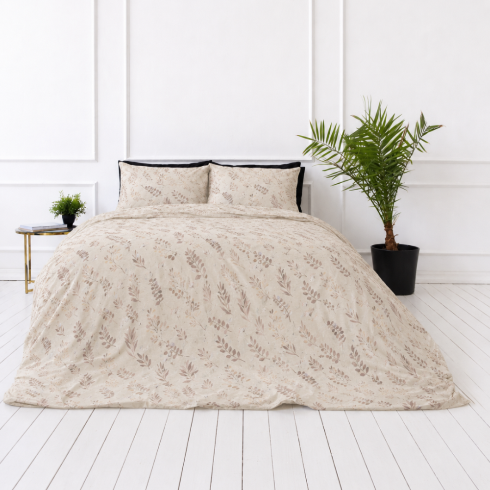 Bedding Set „Prairie Flora“. Beige bedding sets, 140x200 cm, 150x200 cm, 160x200 cm, 180x200 cm, 200x200 cm, 200x220 cm, 220x240 cm. Pastel-colored bedding set with a light nature-inspired pattern