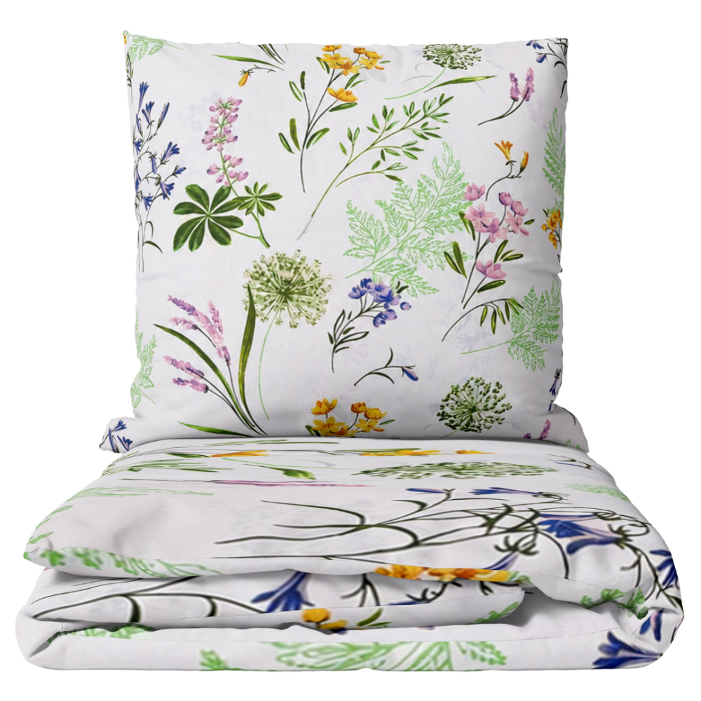 Bedding Set „Primavera“. Bedding sets 155x200, 140x200 cm, 150x200 cm, 160x200 cm, 180x200 cm, 200x200 cm, 200x220 cm, 220x240 cm. White bedding set with green leaves and colorful meadow flowers Bedding Set „Primavera“. Bedding sets 155x200, 140x200 cm, 150x200 cm, 160x200 cm, 180x200 cm, 200x200 cm, 200x220 cm, 220x240 cm. White bedding set with green leaves and colorful meadow flowers