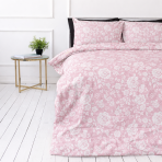 Bedding Set „Provance Coral“. Pink bedding, 140x200 cm, 200x200 cm, 200x220 cm. Pink bedding set featuring delicate white rose patterns, perfect for a charming and serene bedroom look.