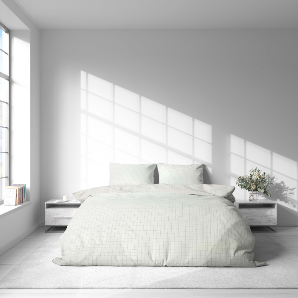 Bedding Set „Restful“. Bedding sets 155x200, 140x200 cm, 150x200 cm, 160x200 cm, 180x200 cm, 200x200 cm, 200x220 cm, 220x240 cm. Minimalist white bedding set with grey squares