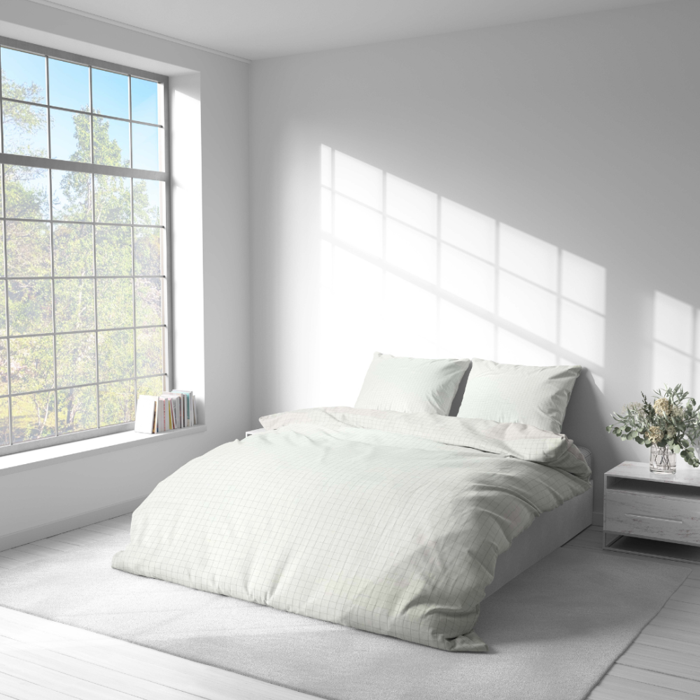 Bedding Set „Restful“. Bedding sets 155x200, 140x200 cm, 150x200 cm, 160x200 cm, 180x200 cm, 200x200 cm, 200x220 cm, 220x240 cm. Light bedding decorated with delicate square details