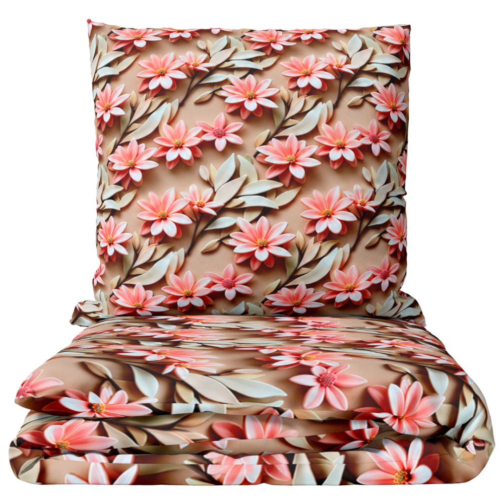Bedding Set „Rosy Whisper“. Bedding sets 155x200, 140x200 cm, 150x200 cm, 160x200 cm, 180x200 cm, 200x200 cm, 200x220 cm, 220x240 cm. Sand-colored bedding set with coral flowers and light leaves. Bedding Set „Rosy Whisper“. Bedding sets 155x200, 140x200 cm, 150x200 cm, 160x200 cm, 180x200 cm, 200x200 cm, 200x220 cm, 220x240 cm. Sand-colored bedding set with coral flowers and light leaves.