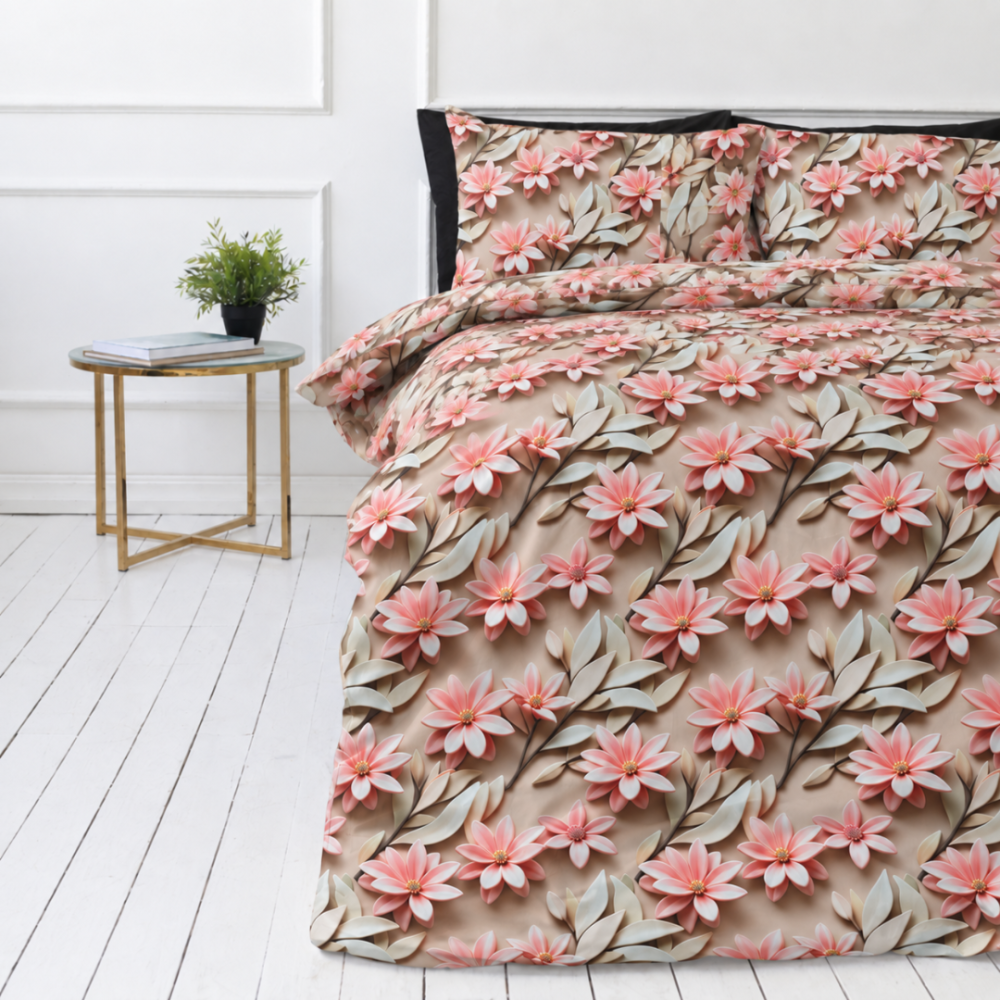 Bedding Set „Rosy Whisper“. Bedding sets 155x200, 140x200 cm, 150x200 cm, 160x200 cm, 180x200 cm, 200x200 cm, 200x220 cm, 220x240 cm. Bedding set with pink coral flowers on a warm sand-colored background. Bedding Set „Rosy Whisper“. Bedding sets 155x200, 140x200 cm, 150x200 cm, 160x200 cm, 180x200 cm, 200x200 cm, 200x220 cm, 220x240 cm. Bedding set with pink coral flowers on a warm sand-colored background.