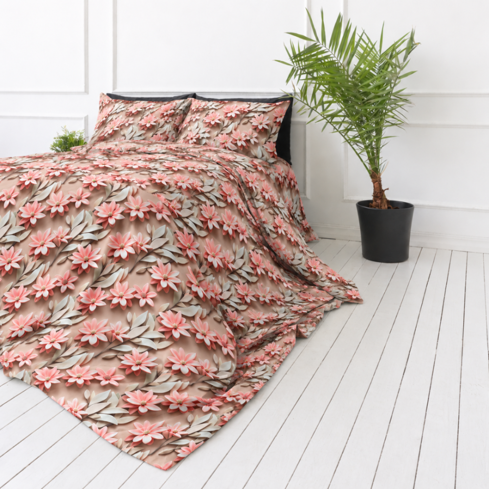 Bedding Set „Rosy Whisper“. Bedding sets 155x200, 140x200 cm, 150x200 cm, 160x200 cm, 180x200 cm, 200x200 cm, 200x220 cm, 220x240 cm. Floral bedding set with coral blossoms and creamy white leaves. Bedding Set „Rosy Whisper“. Bedding sets 155x200, 140x200 cm, 150x200 cm, 160x200 cm, 180x200 cm, 200x200 cm, 200x220 cm, 220x240 cm. Floral bedding set with coral blossoms and creamy white leaves.