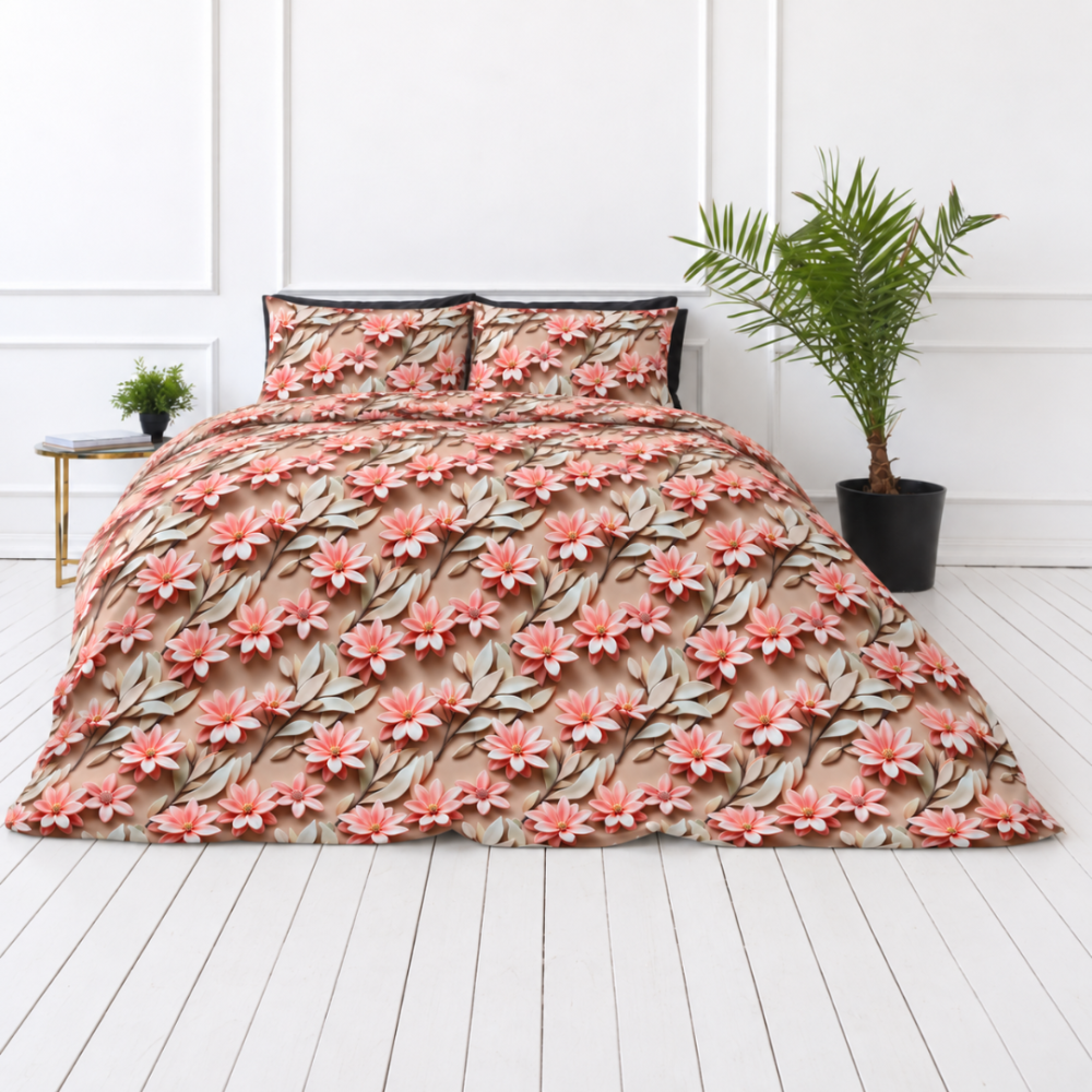 Bedding Set „Rosy Whisper“. Bedding sets 155x200, 140x200 cm, 150x200 cm, 160x200 cm, 180x200 cm, 200x200 cm, 200x220 cm, 220x240 cm. Bedding set in warm sand and coral tones with a floral pattern. Bedding Set „Rosy Whisper“. Bedding sets 155x200, 140x200 cm, 150x200 cm, 160x200 cm, 180x200 cm, 200x200 cm, 200x220 cm, 220x240 cm. Bedding set in warm sand and coral tones with a floral pattern.