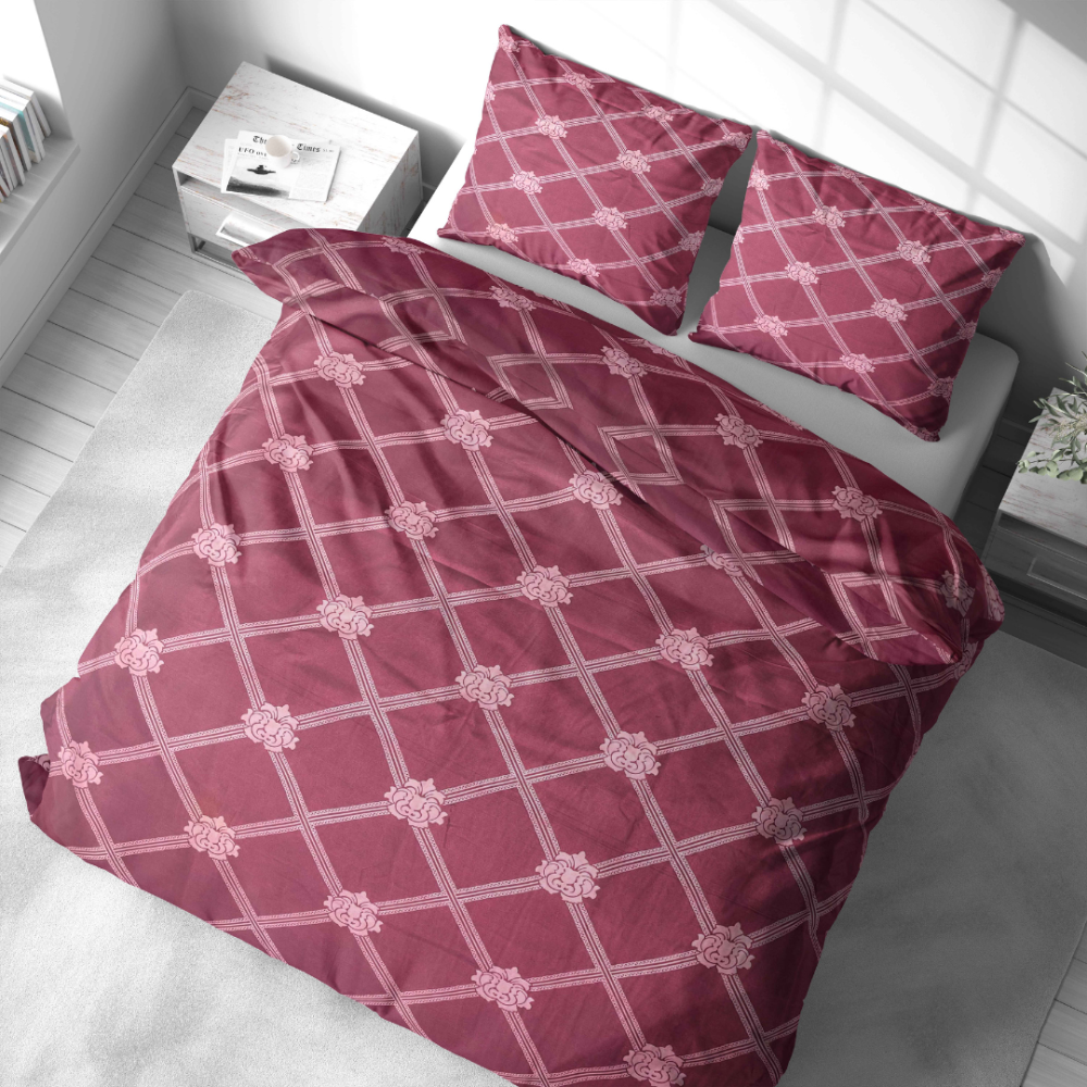 Bedding Set „Rouge“. Bedding sets 155x200, 140x200 cm, 150x200 cm, 160x200 cm, 180x200 cm, 200x200 cm, 200x220 cm. Dark red bedding set with floral motifs and lines